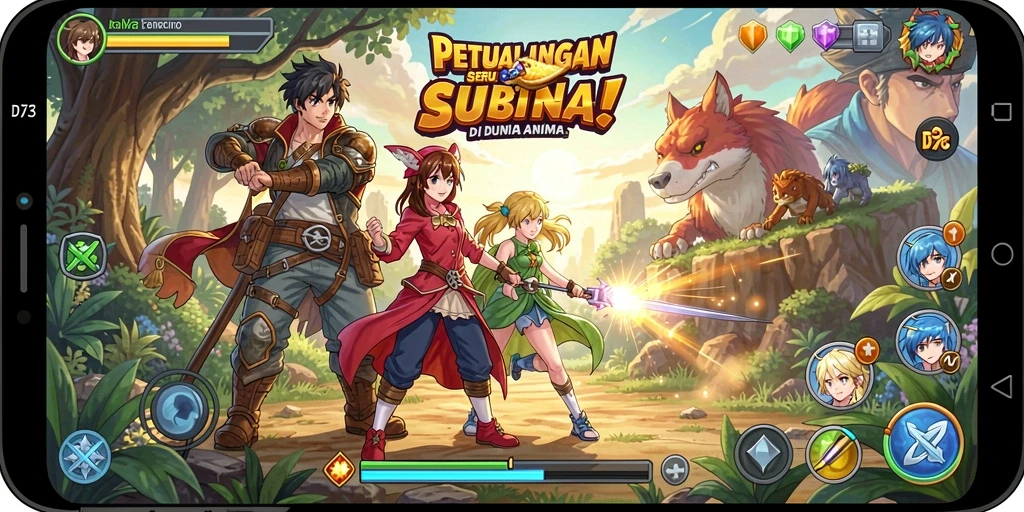 Screenshot gameplay D73 yang menunjukkan pertarungan seru dan karakter anime.