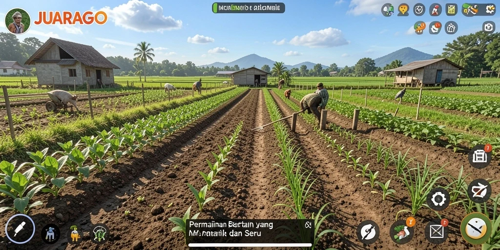 Screenshot gameplay JUARAGO menampilkan aktivitas bertani yang seru dan interaktif.