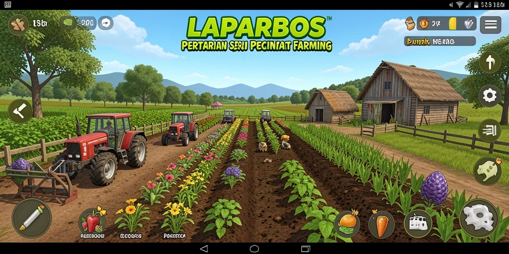 Screenshot menunjukkan gameplay LAPARBOS dengan tanaman yang subur dan aktivitas panen.