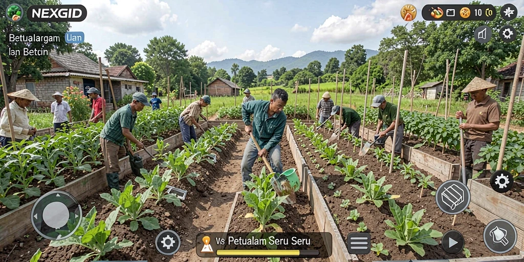Tampilan gameplay NEXGID dengan lahan yang subur dan hewan ternak.