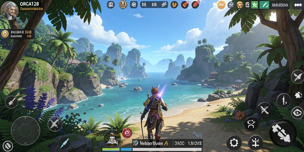 Tangkapan layar gameplay ORCA128 dalam dunia terbuka yang luas.
