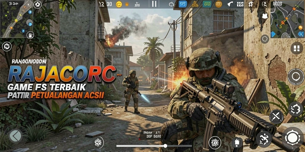 Tampilan gameplay menegangkan di RAJACORC dengan pertempuran FPS seru.
