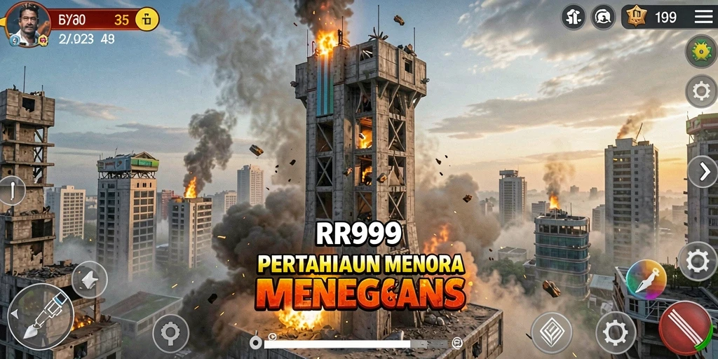 Screenshot gameplay menampilkan menara dan serangan musuh dalam RR999.