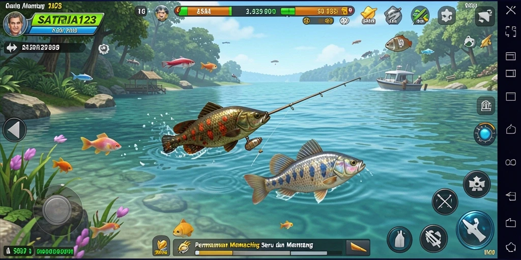 Screenshot menunjukkan momen menangkap ikan di <strong>SATRIA123</strong>.